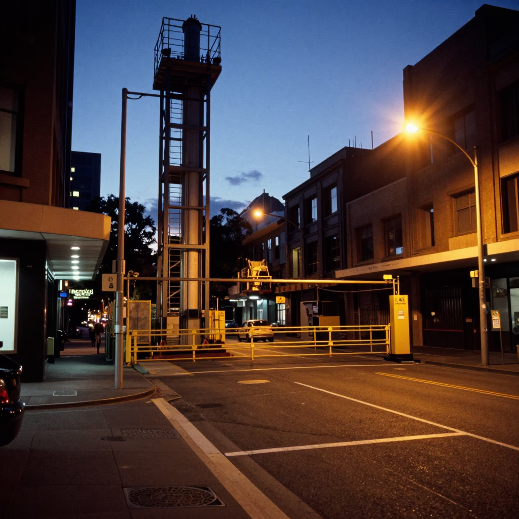 Melbourne Predawn Street Scene with Construction Elevator Gate and Rebar Bundles in in Melbourne, Victoria, Australia