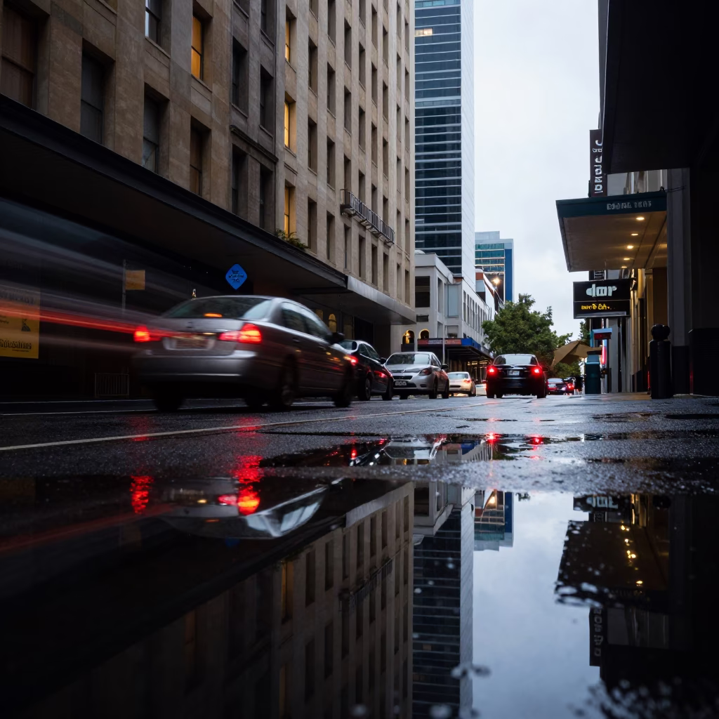 Melbourne Puddle Reflection of Hotel Windows and Tail Lights in Early Evening in in Melbourne, Victoria, Australia