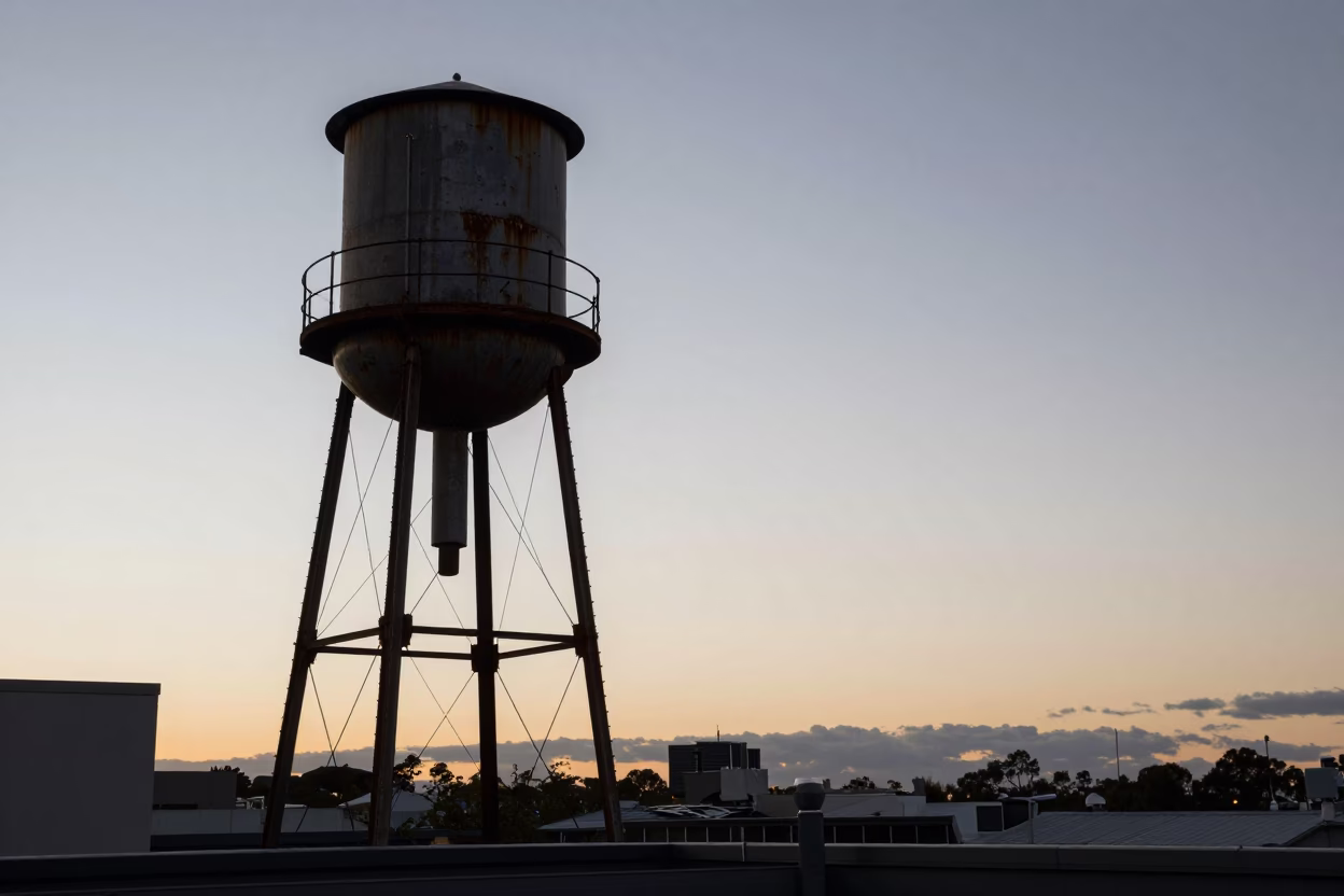 Melbourne Rooftop Water Tower Silhouette Against Early Evening Sky in in Melbourne, Victoria, Australia