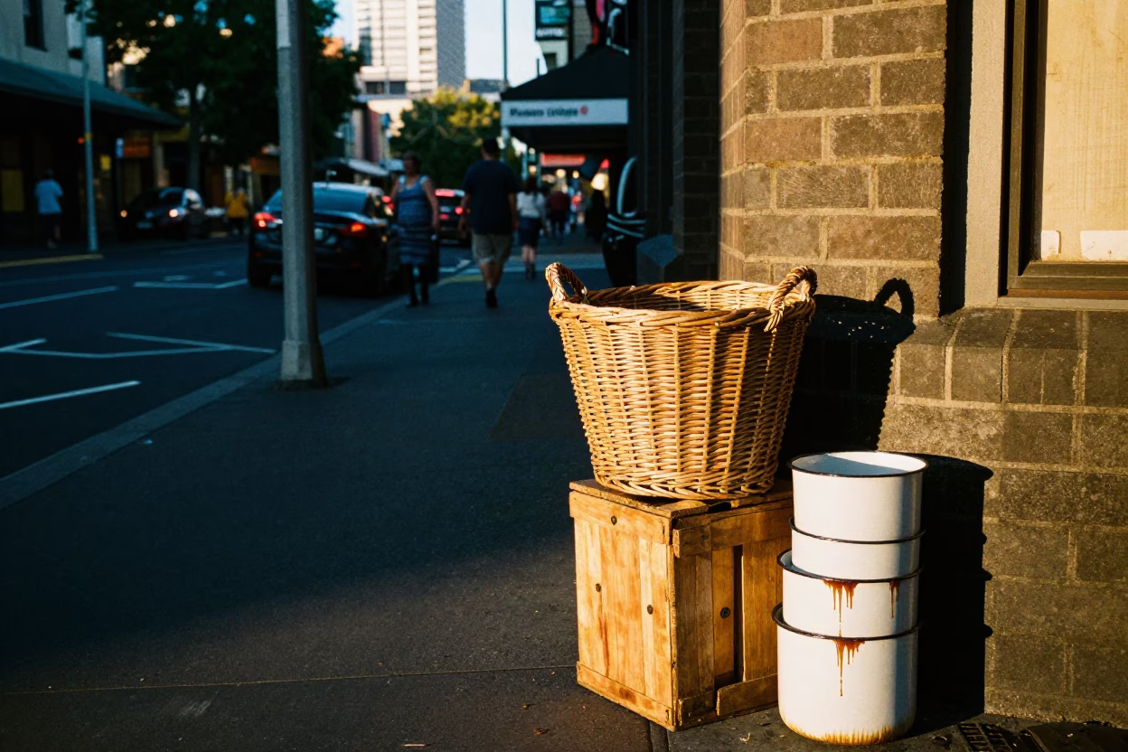 Melbourne Street Corner at Sunset Light in in Melbourne, Victoria, Australia