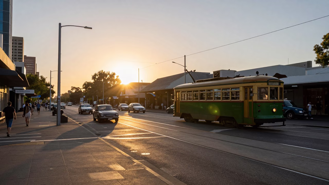 Melbourne Street Scene at Sunset with Vintage Cars and Tram Tracks in in Melbourne, Victoria, Australia