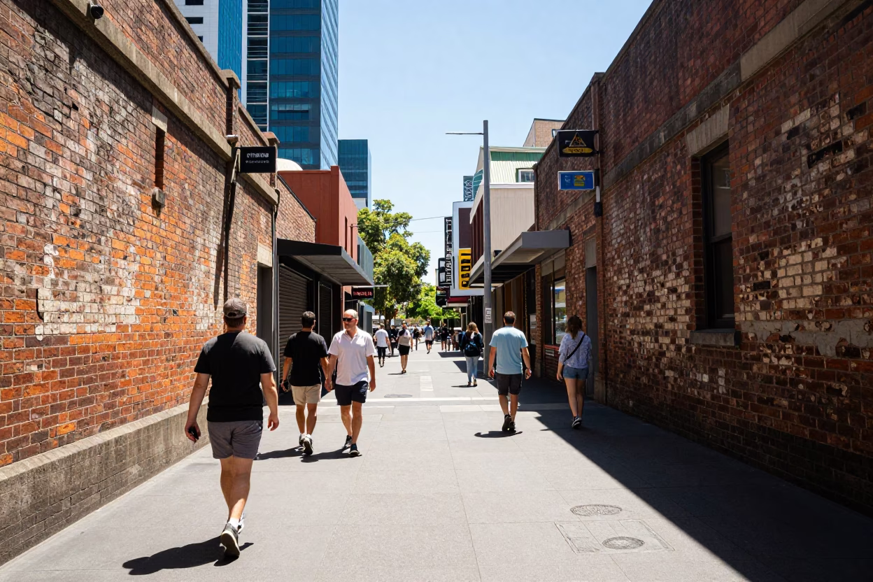 Melbourne Street Scene at The Flat Glare Of Noon Light in in Melbourne, Victoria, Australia