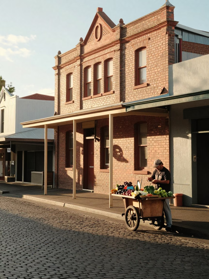 Melbourne street scene just after sunrise with vintage 1960s aesthetic and local commerce in in Melbourne, Victoria, Australia