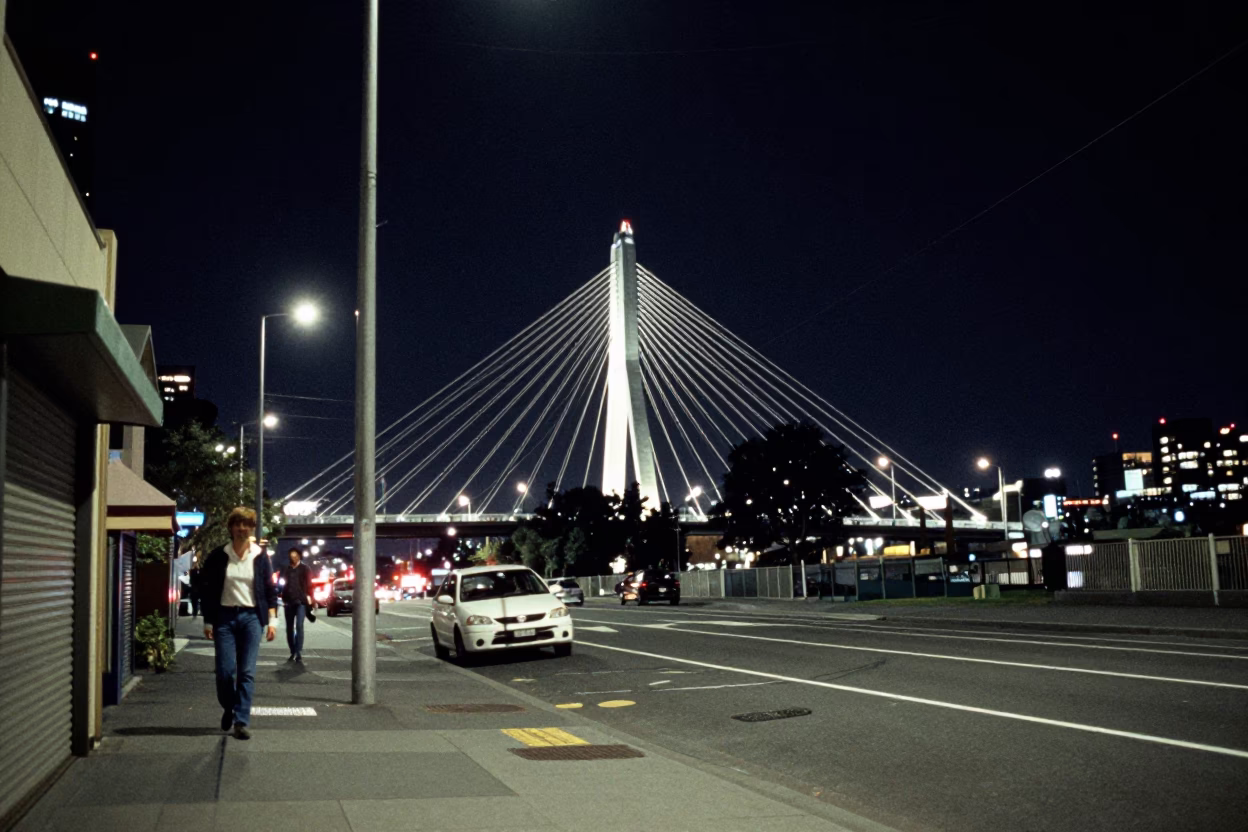 Melbourne Street Scene Under Deep Night Sky With Cable Stayed Bridge Illumination in in Melbourne, Victoria, Australia