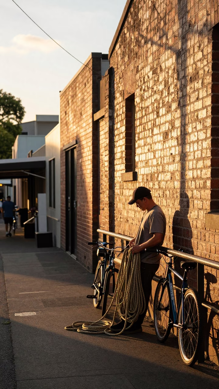 Melbourne Sunset Street Scene with Coiled Rope and Local Interaction in in Melbourne, Victoria, Australia