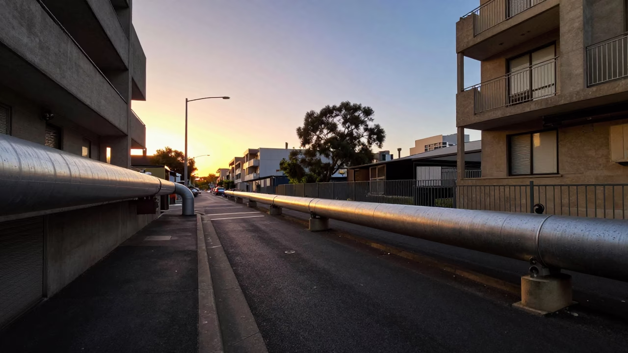 Melbourne Sunset Street Scene with District Heating Pipes and Apartment Blocks in in Melbourne, Victoria, Australia