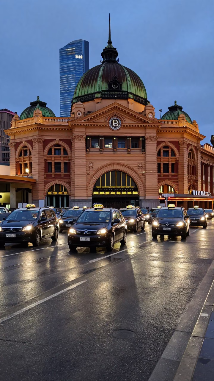 Melbourne Taxi Rank at Twilight Outside Flinders Street Station Victoria Australia in in Melbourne, Victoria, Australia