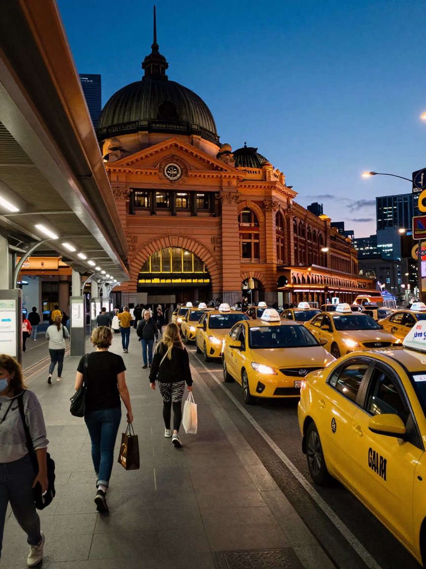 Melbourne Train Station Taxi Rank at Blue Hour Twilight Candid Moment in in Melbourne, Victoria, Australia