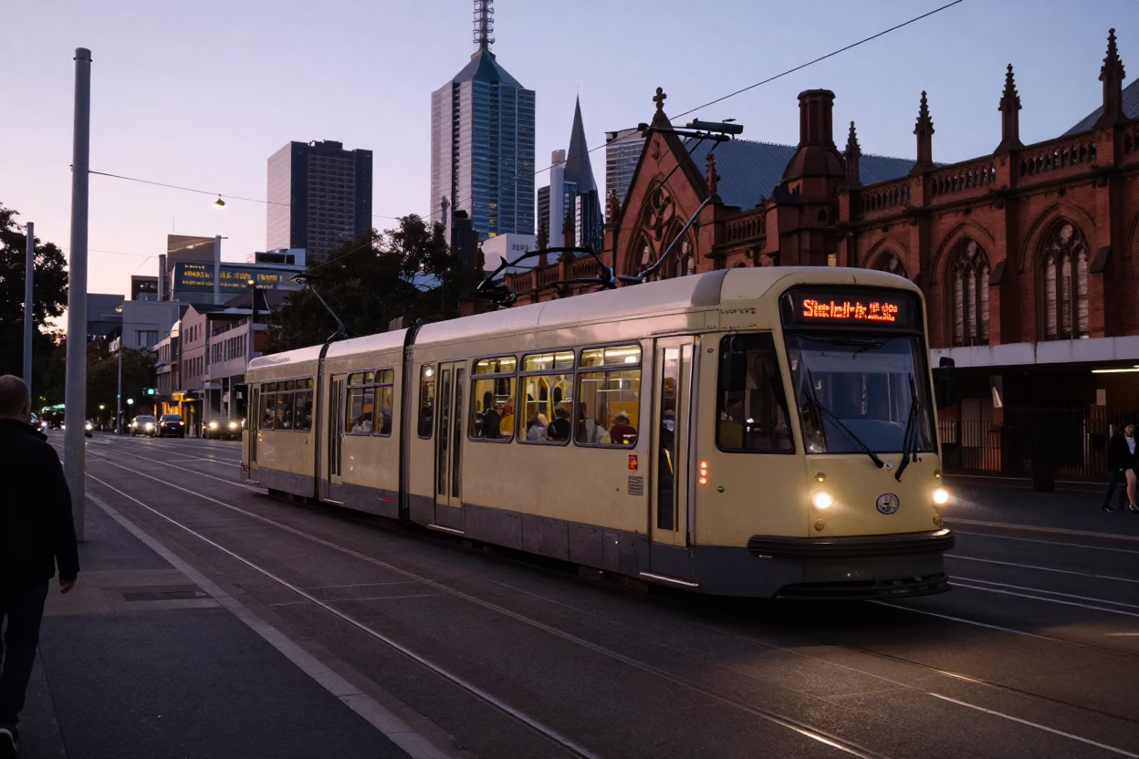 Melbourne Tram and Gothic Bridge Before Dawn Street Scene in in Melbourne, Victoria, Australia