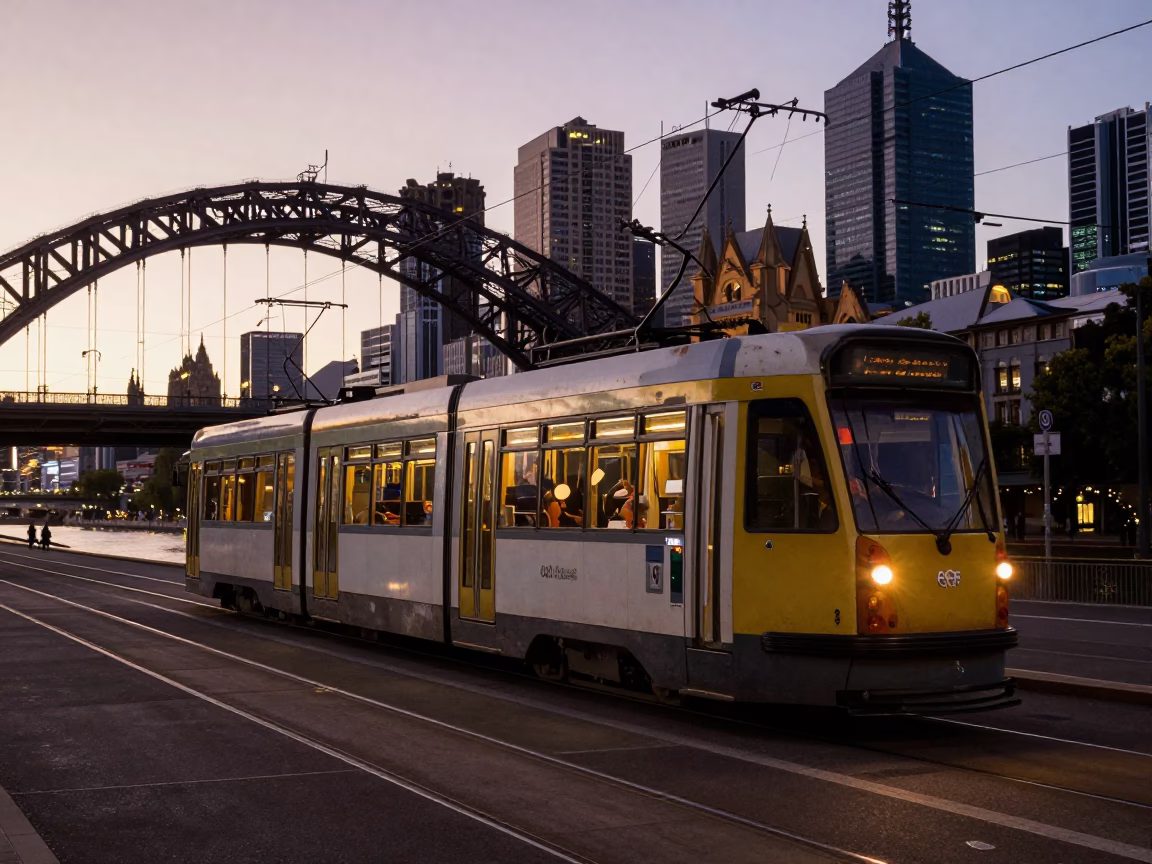 Melbourne Tram at Dawn near Yarra River Gothic Bridge with Eucalyptus Bark in in Melbourne, Victoria, Australia
