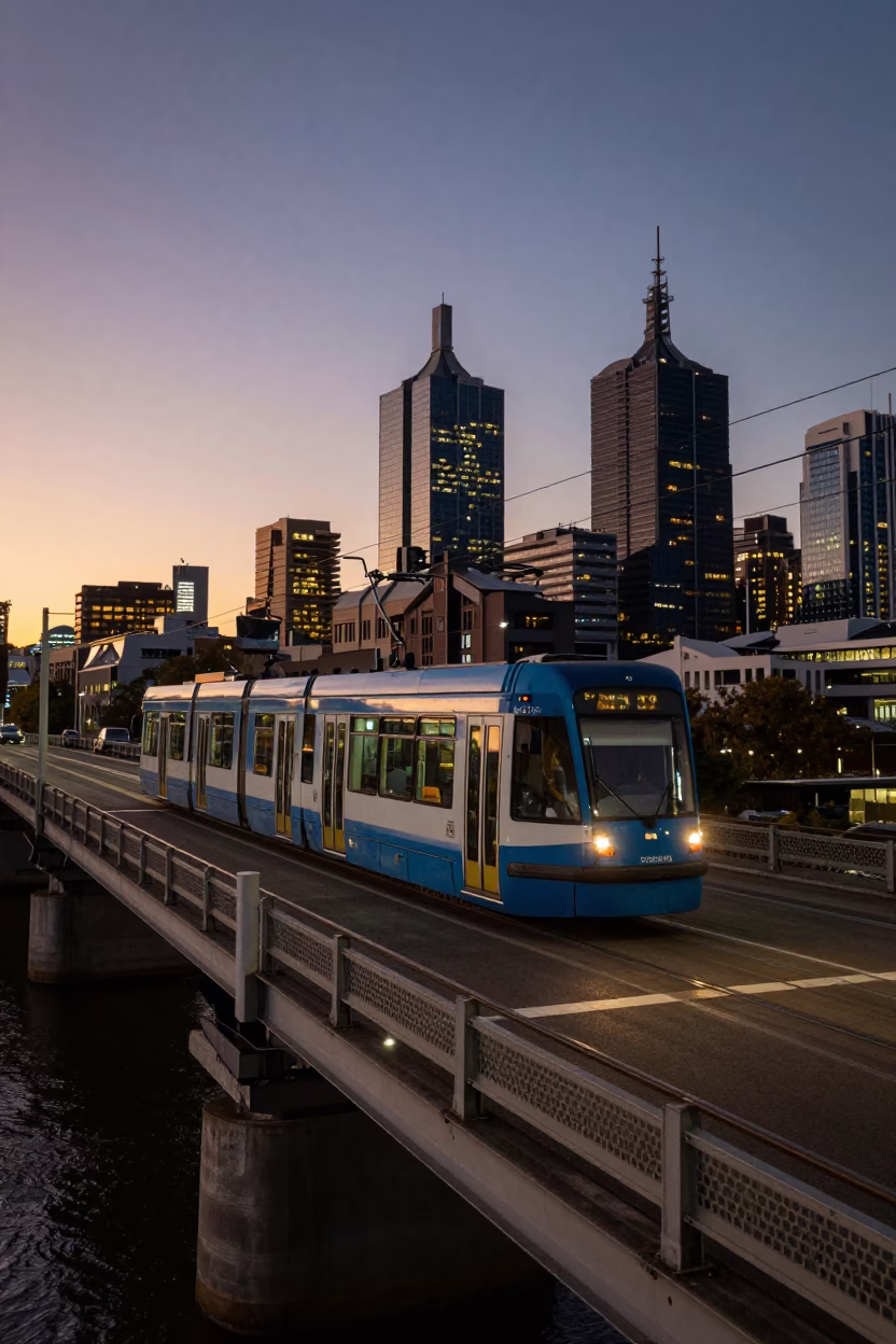 Melbourne Tram Crossing Bridge at Blue Hour with Urban Evening Atmosphere in in Melbourne, Victoria, Australia