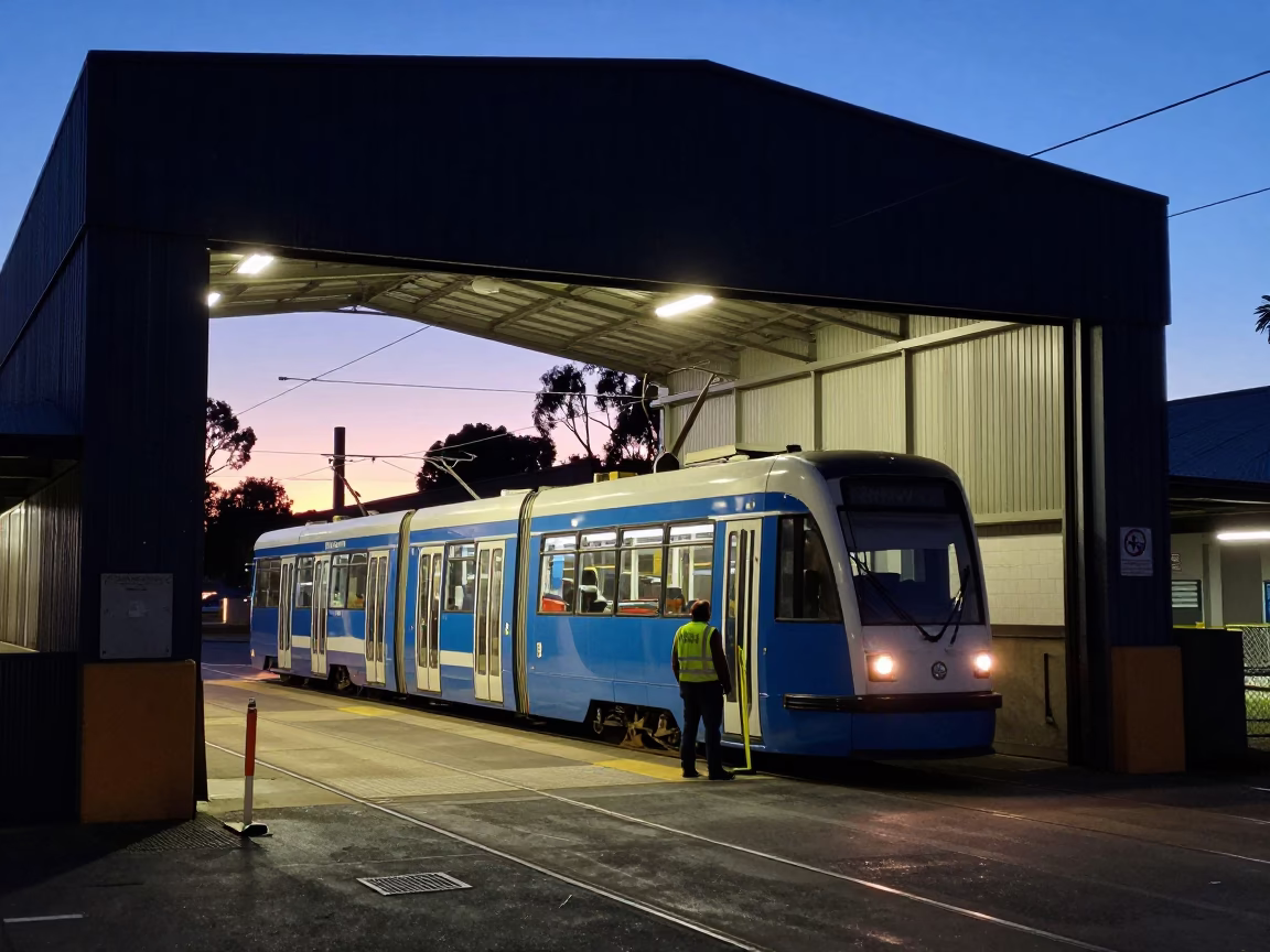 Melbourne Tram Depot at Predawn with Worker and Measuring Tape in in Melbourne, Victoria, Australia