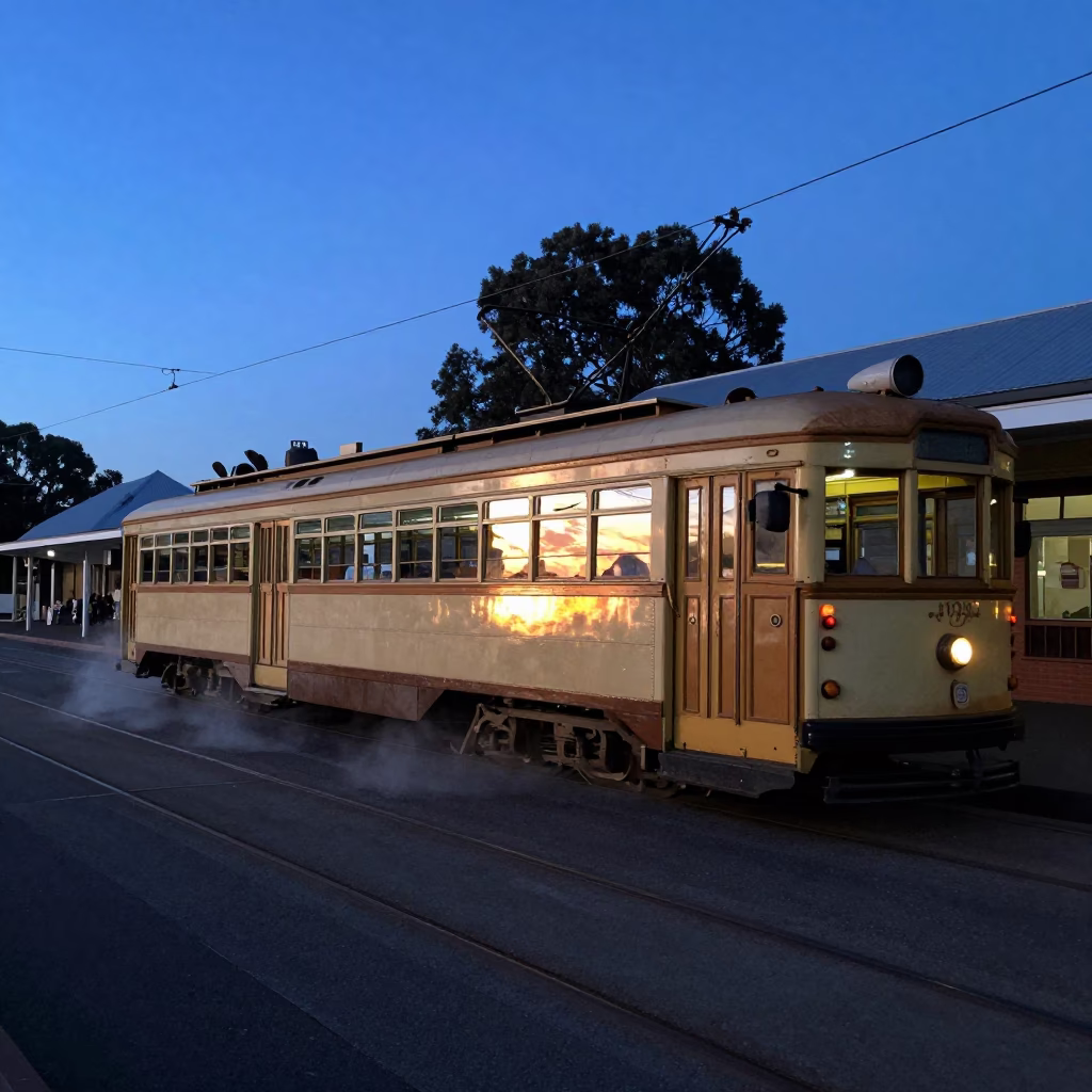 Melbourne Tram Depot Dawn Light Reflecting on Vintage Tram Window Paint Flecks in in Melbourne, Victoria, Australia