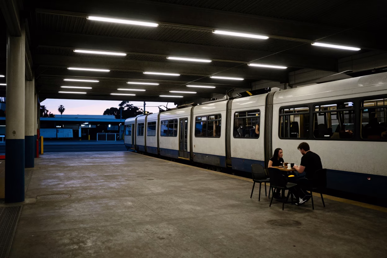 Melbourne Tram Depot Predawn Maintenance and Coffee Break with Coffee Cup Rings in in Melbourne, Victoria, Australia