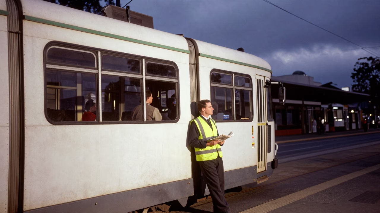 Melbourne Tram Driver Resting with Coffee and Newspaper at Dawn Before Shift in in Melbourne, Victoria, Australia