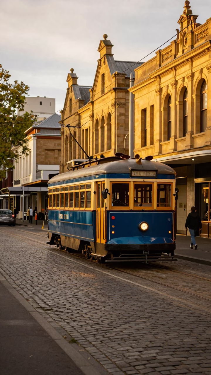 Melbourne Tram Heritage Cobblestone Avenue Honeyed Evening Light Cinematic Shot in in Melbourne, Victoria, Australia