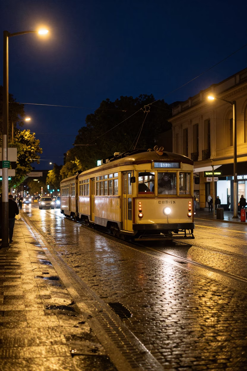 Melbourne Tram Night Street Scene with Vintage Canister Set and Urban Atmosphere in in Melbourne, Victoria, Australia