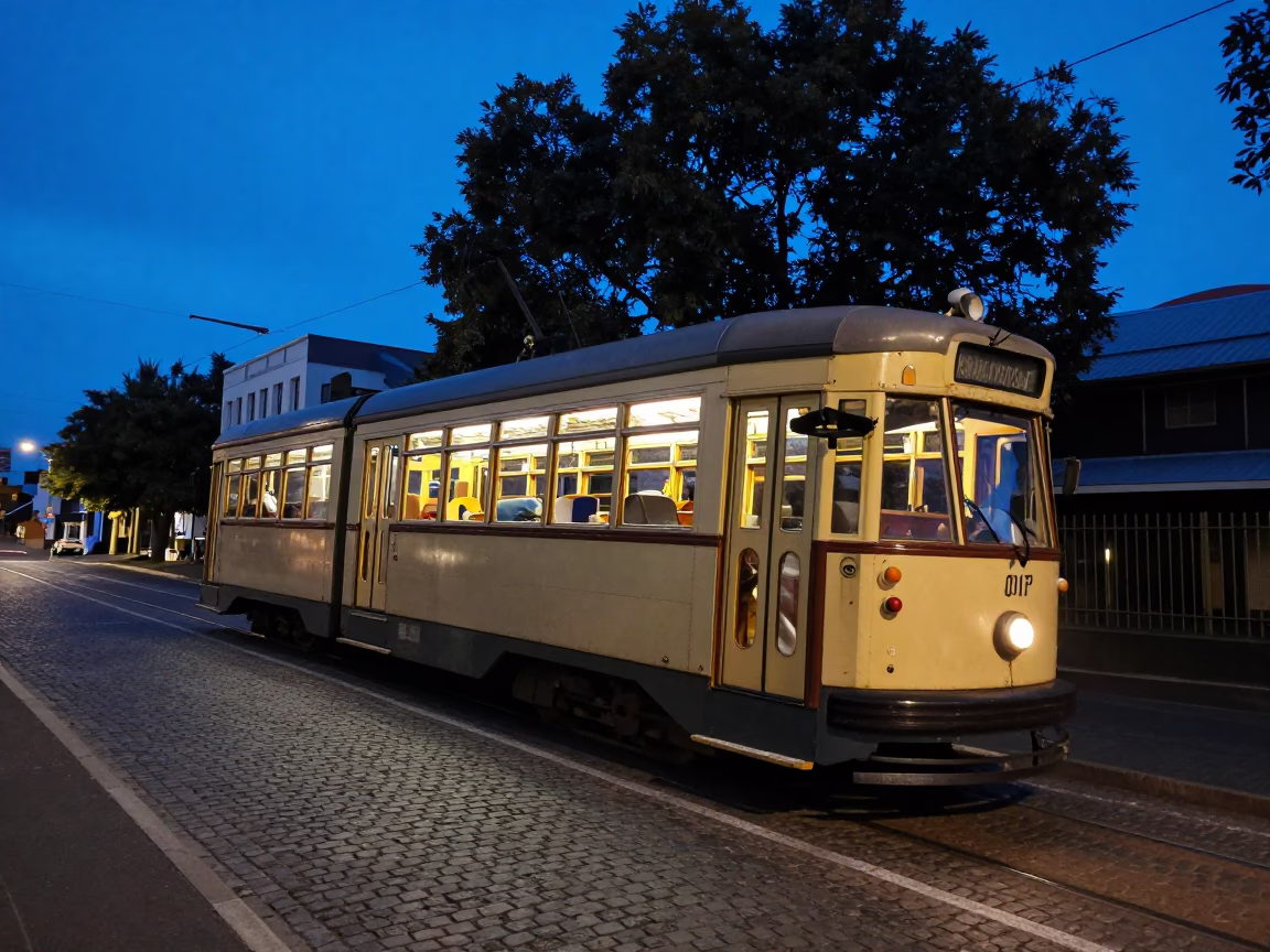Melbourne Tram on steep hill during blue hour evening light in Victoria Australia in in Melbourne, Victoria, Australia