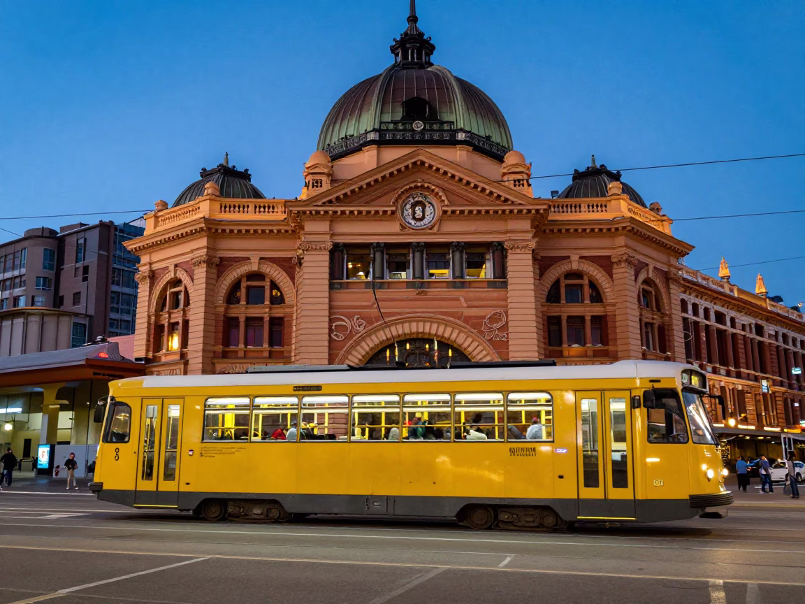 Melbourne Tram Passing Art Nouveau Facades at Twilight in Victoria Australia in in Melbourne, Victoria, Australia