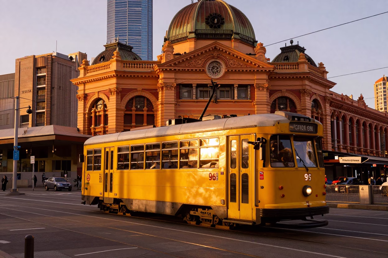 Melbourne Tram Rattling Past Art Nouveau Facades at Sunset in Victoria Australia in in Melbourne, Victoria, Australia