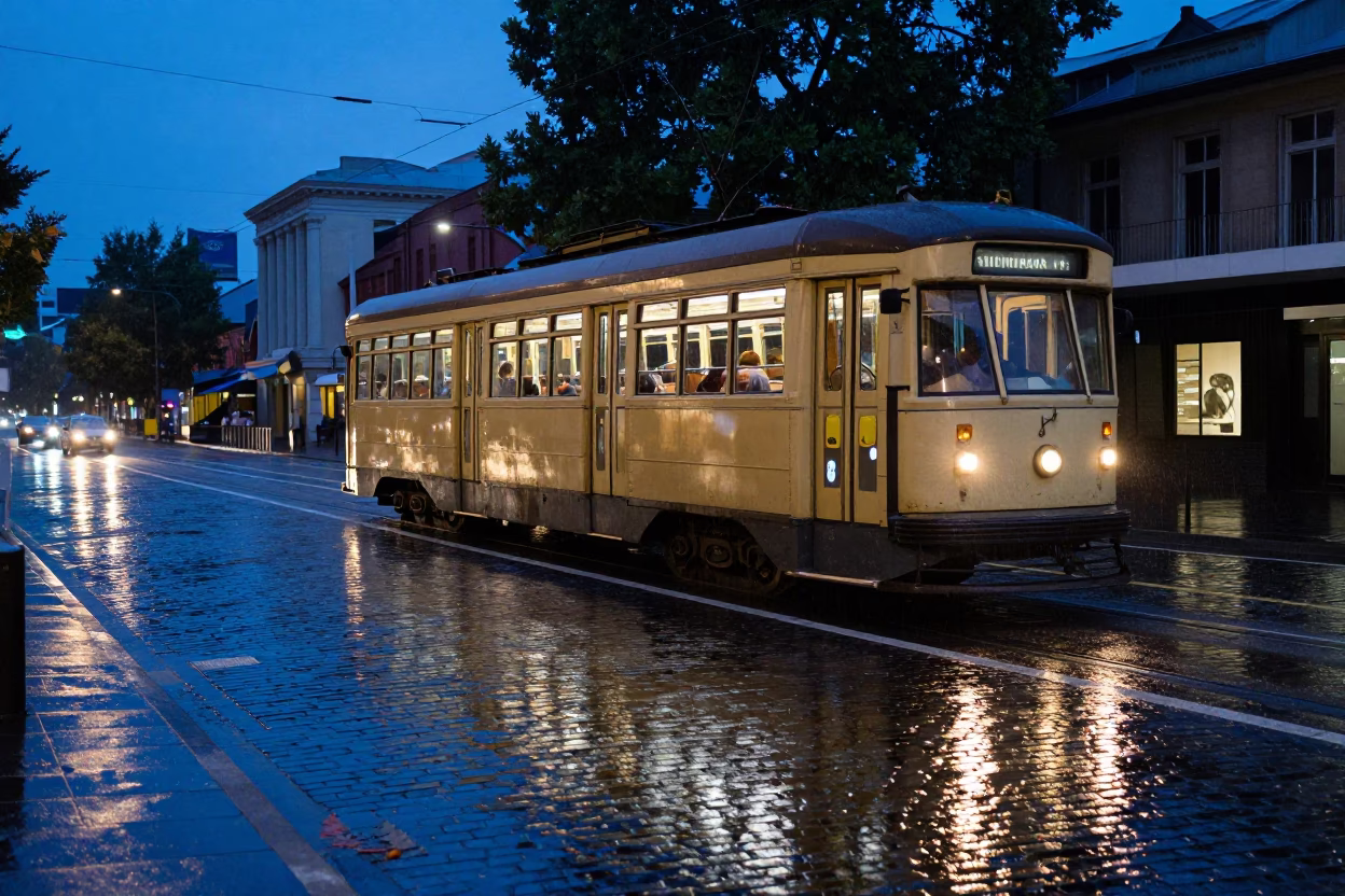 Melbourne Tram Reflection in Evening Rain Cobblestones 1960s Blue Hour in in Melbourne, Victoria, Australia