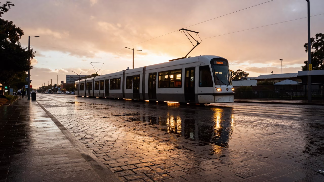 Melbourne Tram Reflection in Rain Puddle at Sunset on Cobblestone Street in in Melbourne, Victoria, Australia