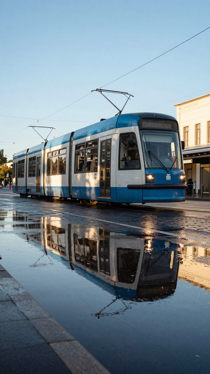 Melbourne Tram Reflection in Rain Puddle Late Afternoon Street Photography in in Melbourne, Victoria, Australia