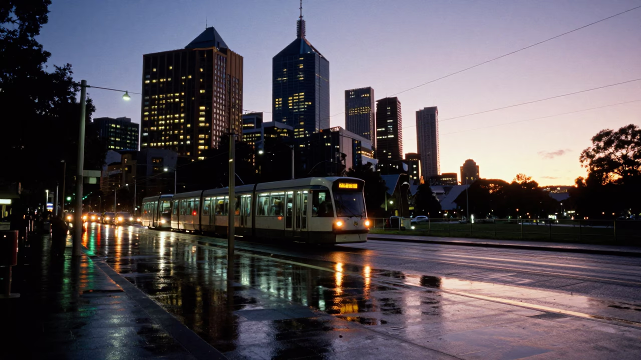 Melbourne Tram Reflections and City Lights at Dusk in Victoria Australia in in Melbourne, Victoria, Australia