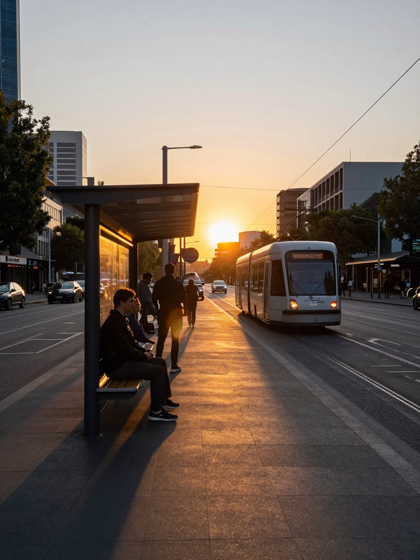 Melbourne Tram Stop at As The Sun Drops Toward The Horizon in in Melbourne, Victoria, Australia