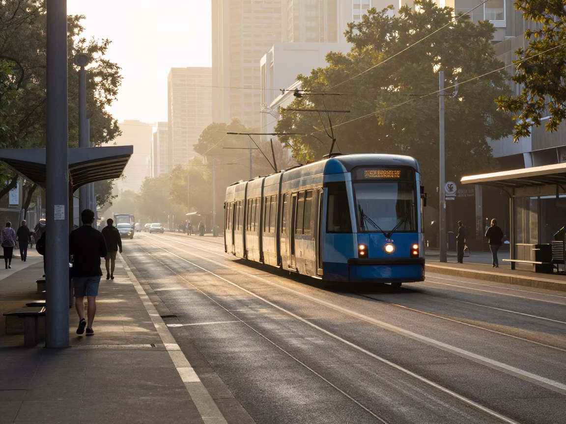 Melbourne Tram Stop at Dawn with Commuters and City Skyline Reflections in in Melbourne, Victoria, Australia