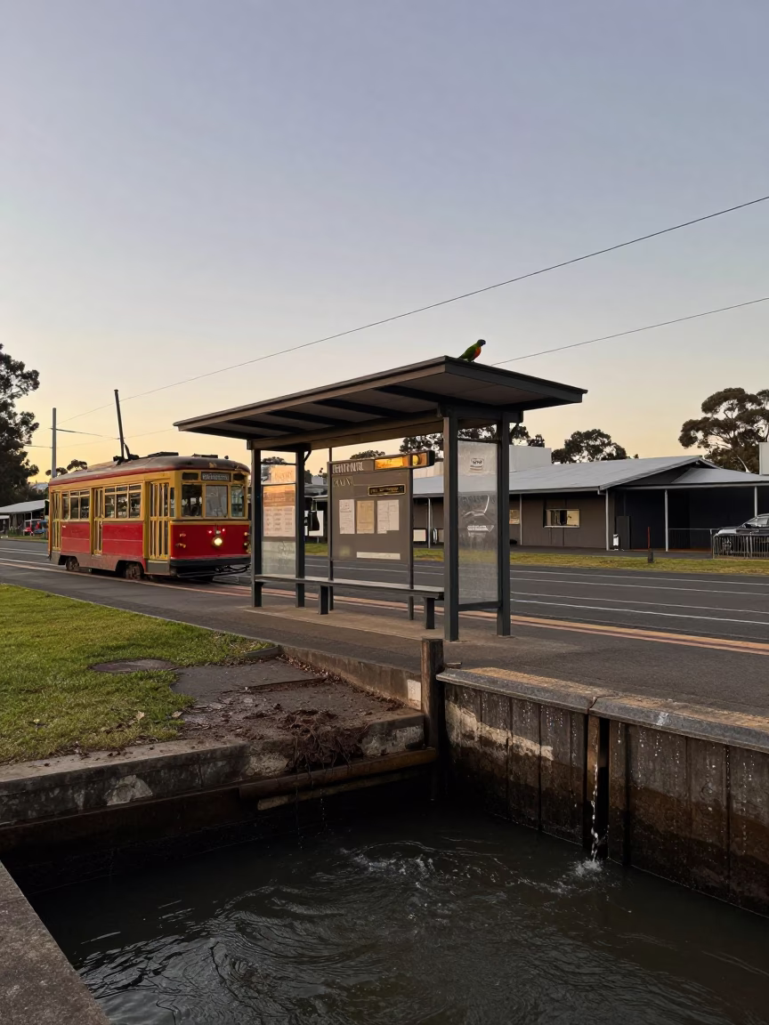 Melbourne Tram Stop at Dawn with Rainbow Lorikeet on Bottlebrush and Muddy Canal Edge in in Melbourne, Victoria, Australia