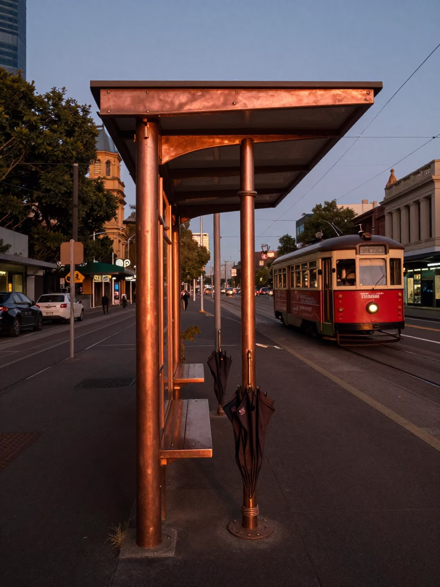 Melbourne Tram Stop at Dusk with Umbrella Stand and Linen Fringe Detail in in Melbourne, Victoria, Australia