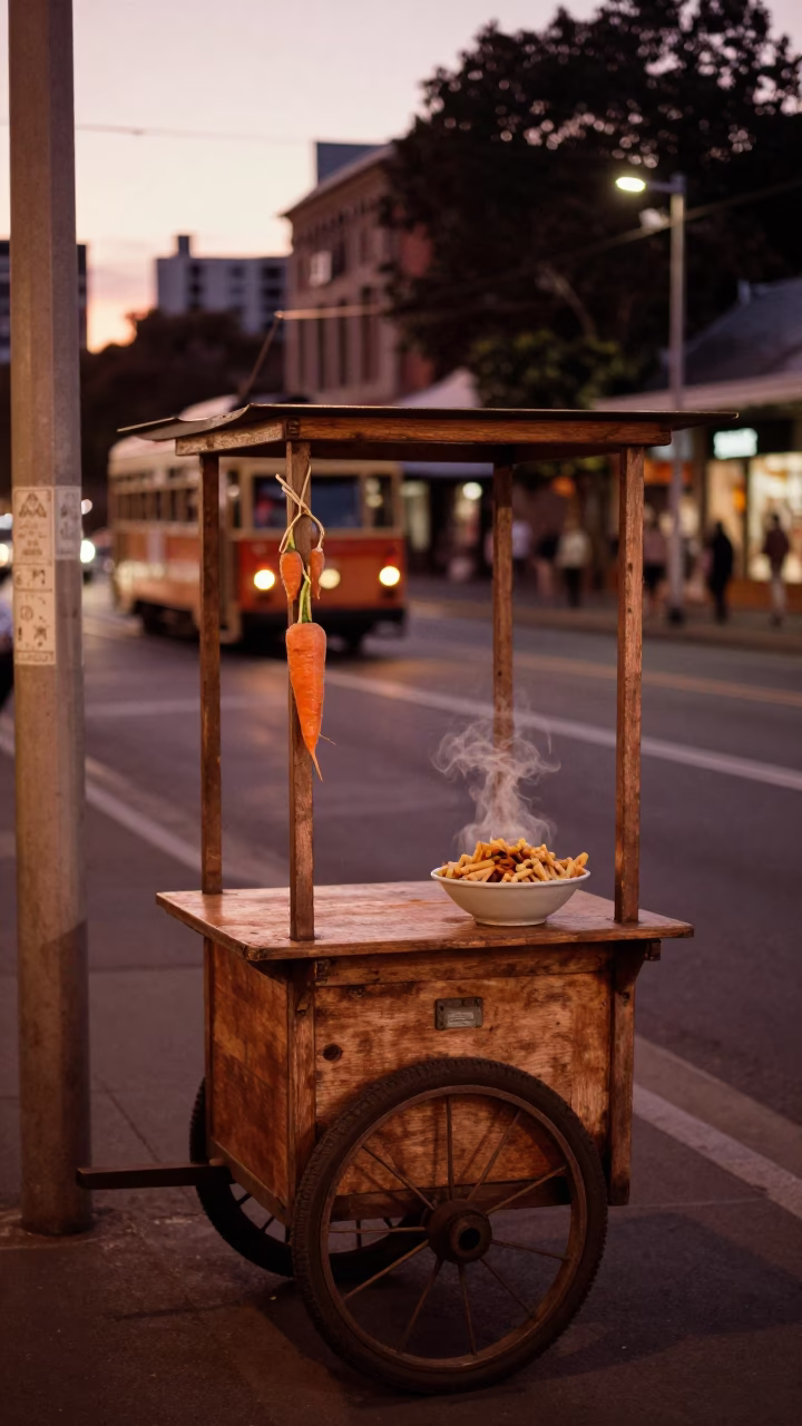 Melbourne Tram Stop at Dusk with Vintage Carrot Vendor and Steam Haze in in Melbourne, Victoria, Australia