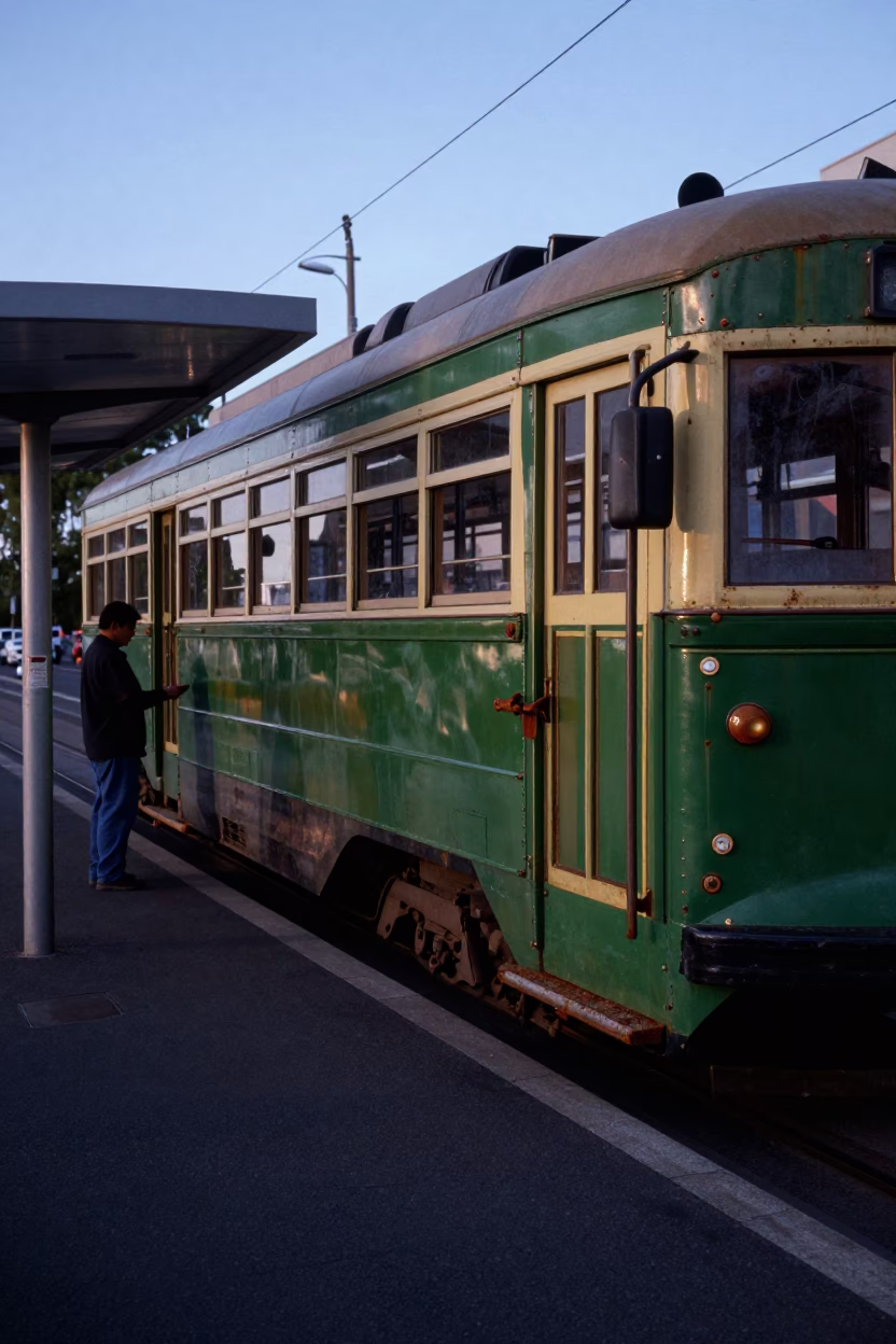 Melbourne Tram Stop Before Sunrise with Rusty Cabinet Latch and Smudged Bottle in in Melbourne, Victoria, Australia