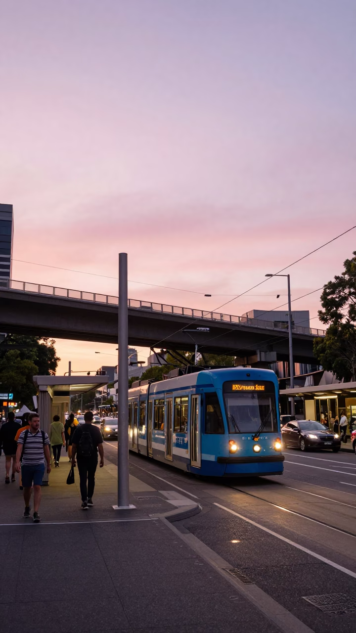 Melbourne Tram Stop Evening Commute with Highway Flyover and Urban Skyline in in Melbourne, Victoria, Australia