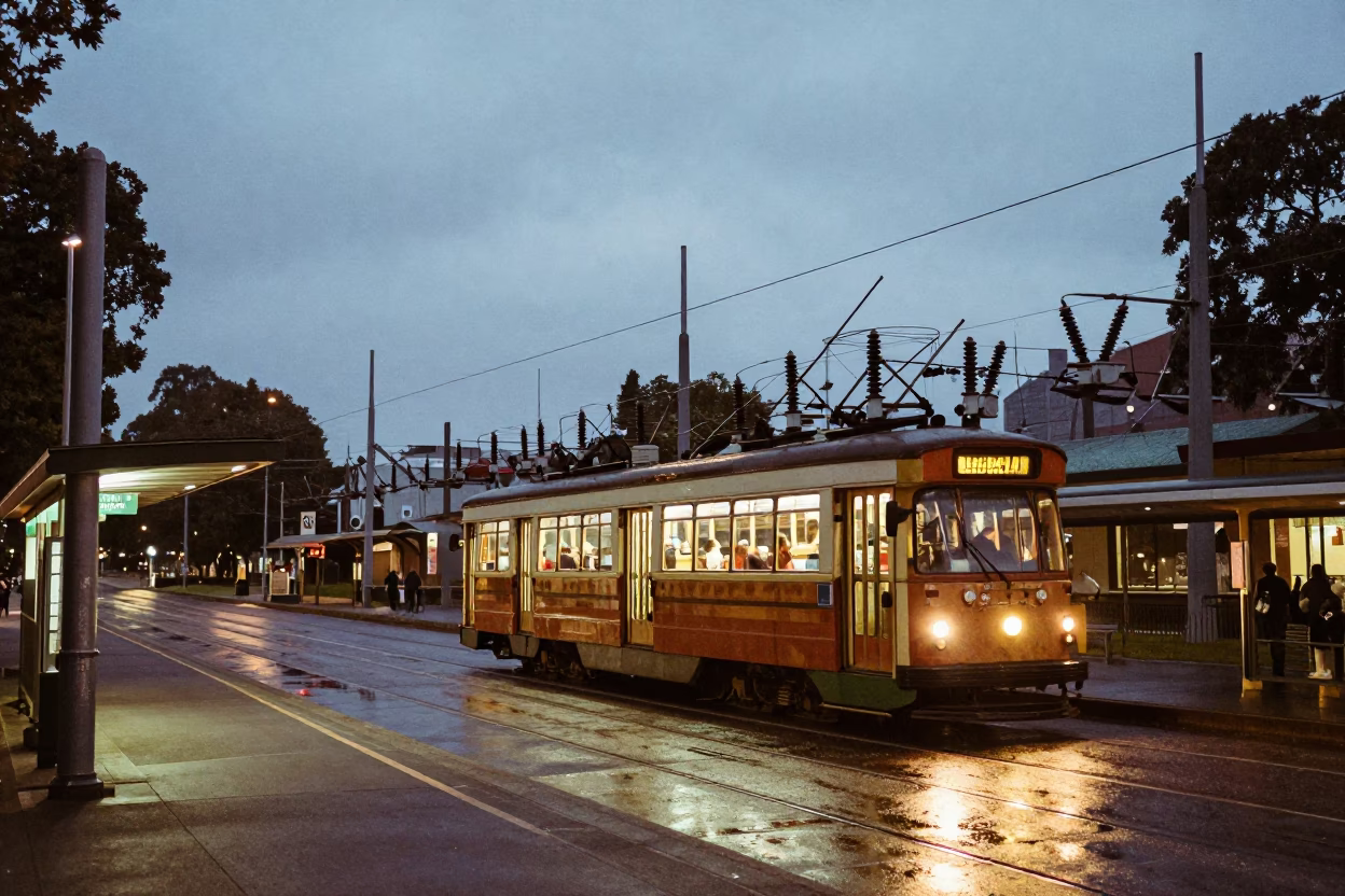 Melbourne Tram Stop Evening Glow with Substation Insulators and Urban Reflections in in Melbourne, Victoria, Australia
