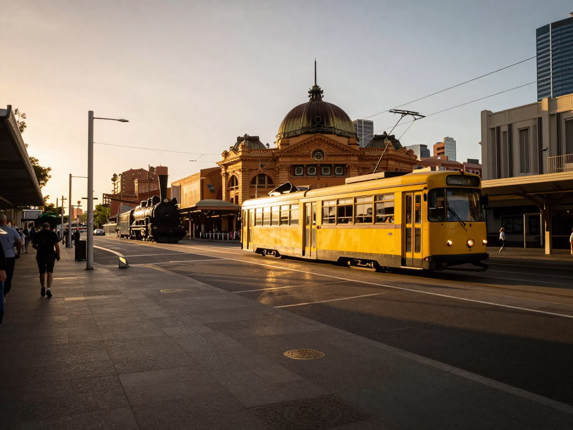 Melbourne Tram Stop Evening Light Heritage Train Background in in Melbourne, Victoria, Australia