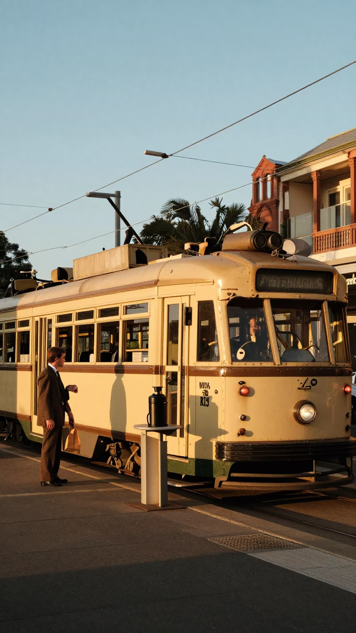 Melbourne Tram Stop Evening Light with Coffee Grinder and Sun Stripe in in Melbourne, Victoria, Australia