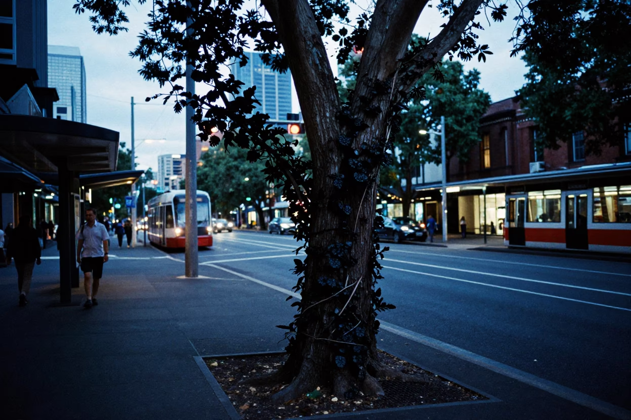 Melbourne Tram Stop Evening Scene with Black Pepper Vine and Dogo Argentino in in Melbourne, Victoria, Australia