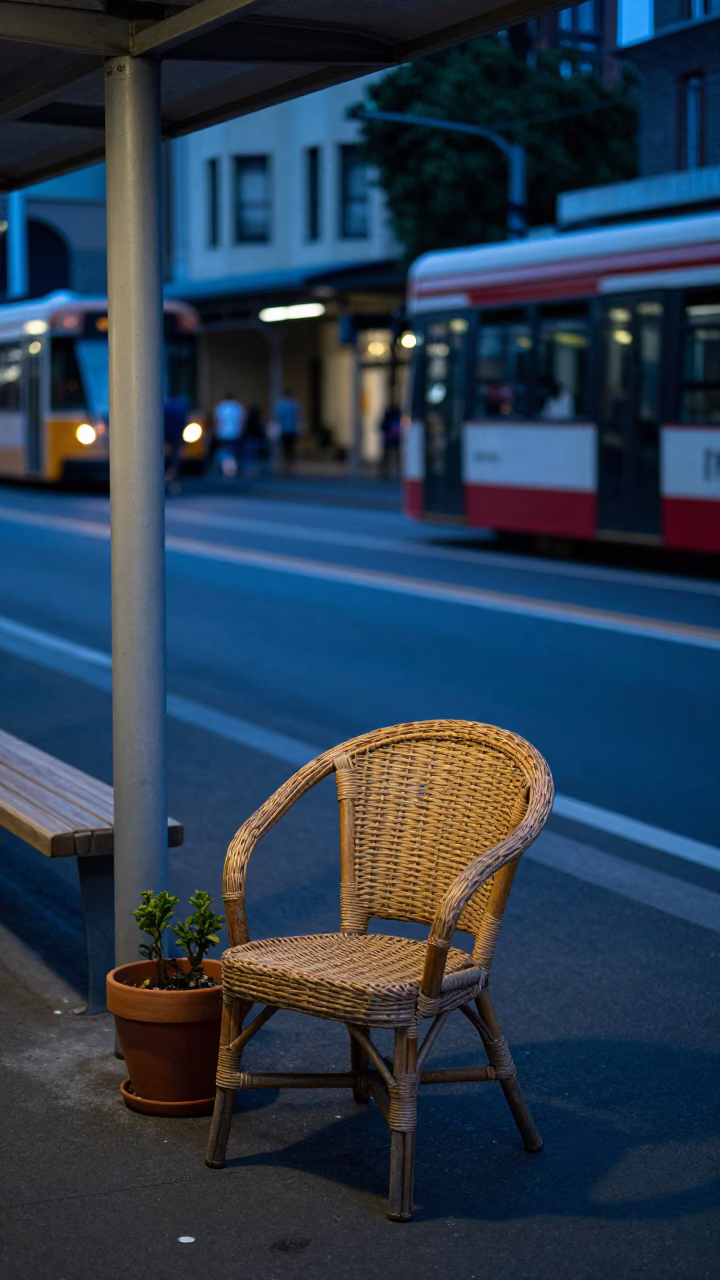 Melbourne Tram Stop Evening Scene with Rattan Chair and Flowerpot in in Melbourne, Victoria, Australia
