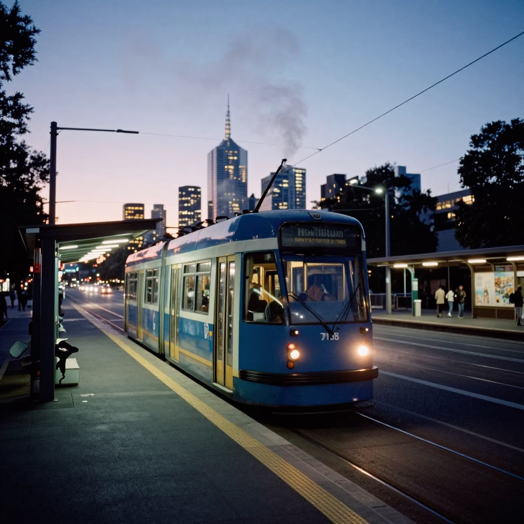 Melbourne Tram Stop Evening Scene with Steam and Urban Lights in in Melbourne, Victoria, Australia