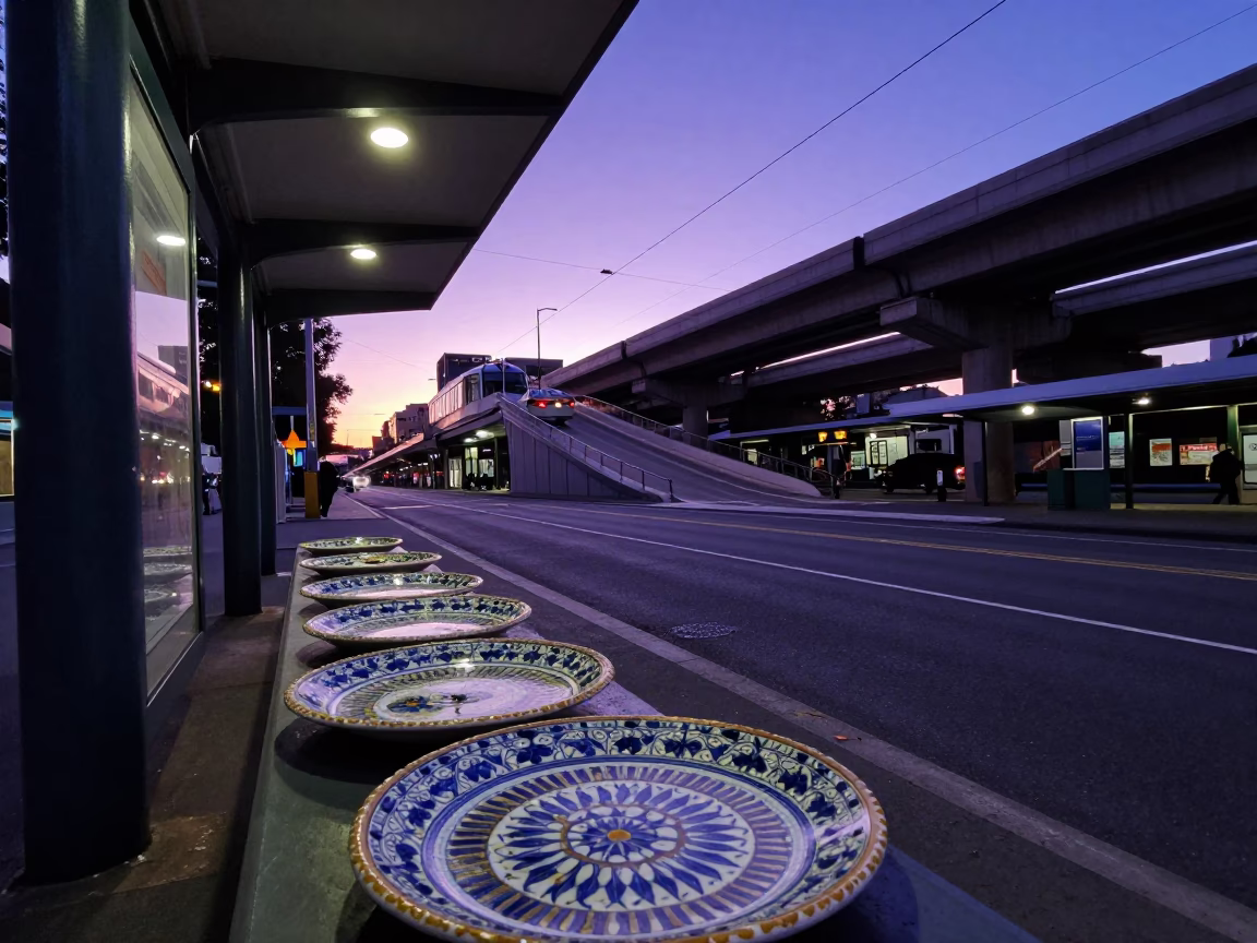 Melbourne Tram Stop Evening Scene with Vintage Majolica Plates and Urban Architecture in in Melbourne, Victoria, Australia