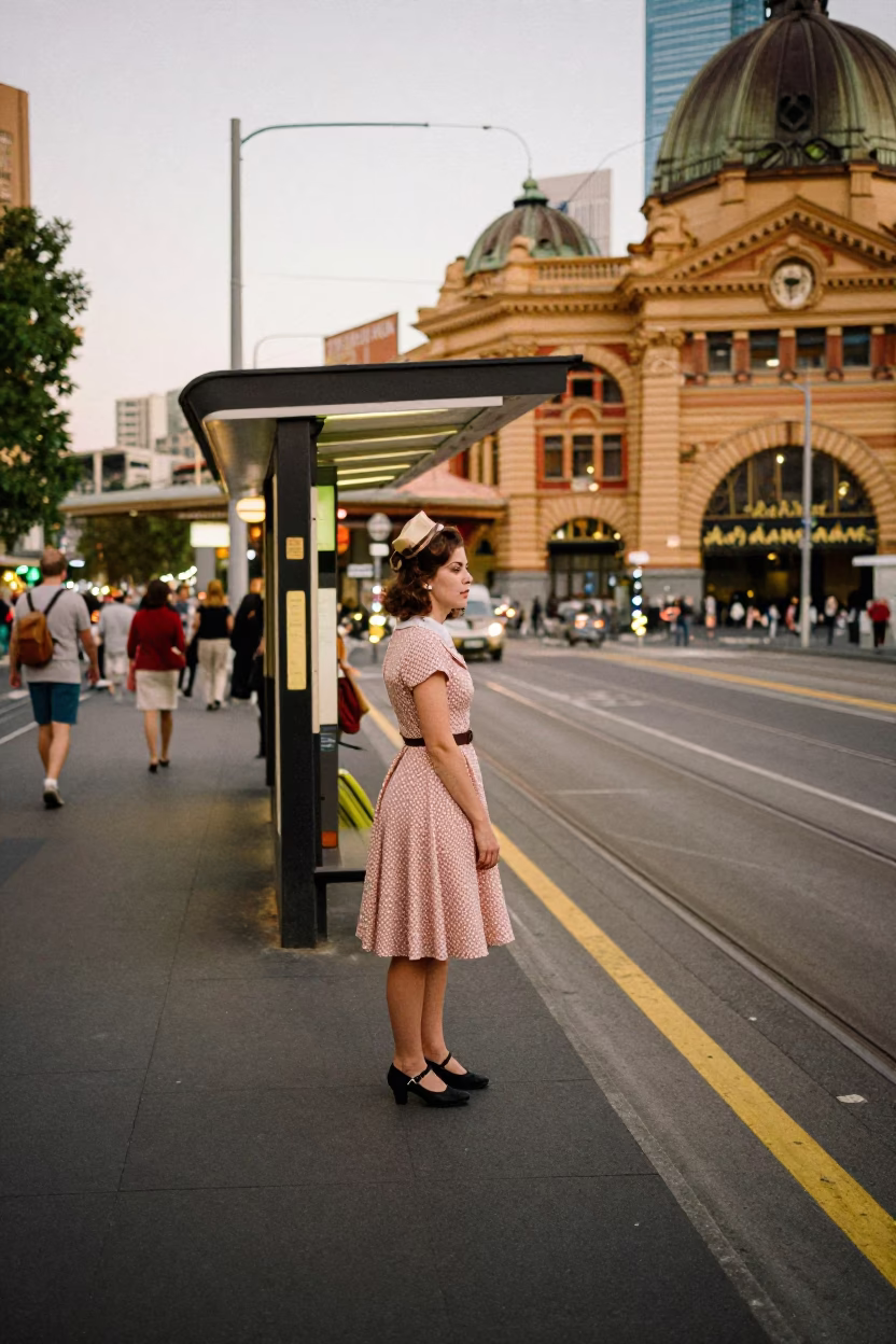 Melbourne Tram Stop Evening Scene with Vintage Pin Tin and Sunlit Cup in in Melbourne, Victoria, Australia