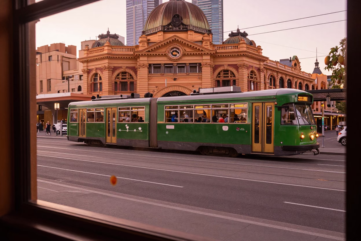 Melbourne Tram Stop in Copper Dusk with Mangoes and Tea Stained Window in in Melbourne, Victoria, Australia