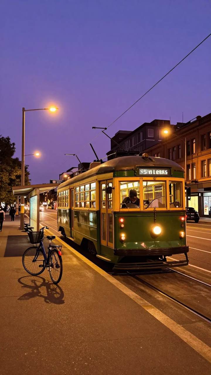 Melbourne Tram Stop in Indigo Twilight with Bicycle and Street Lamp Glow in in Melbourne, Victoria, Australia