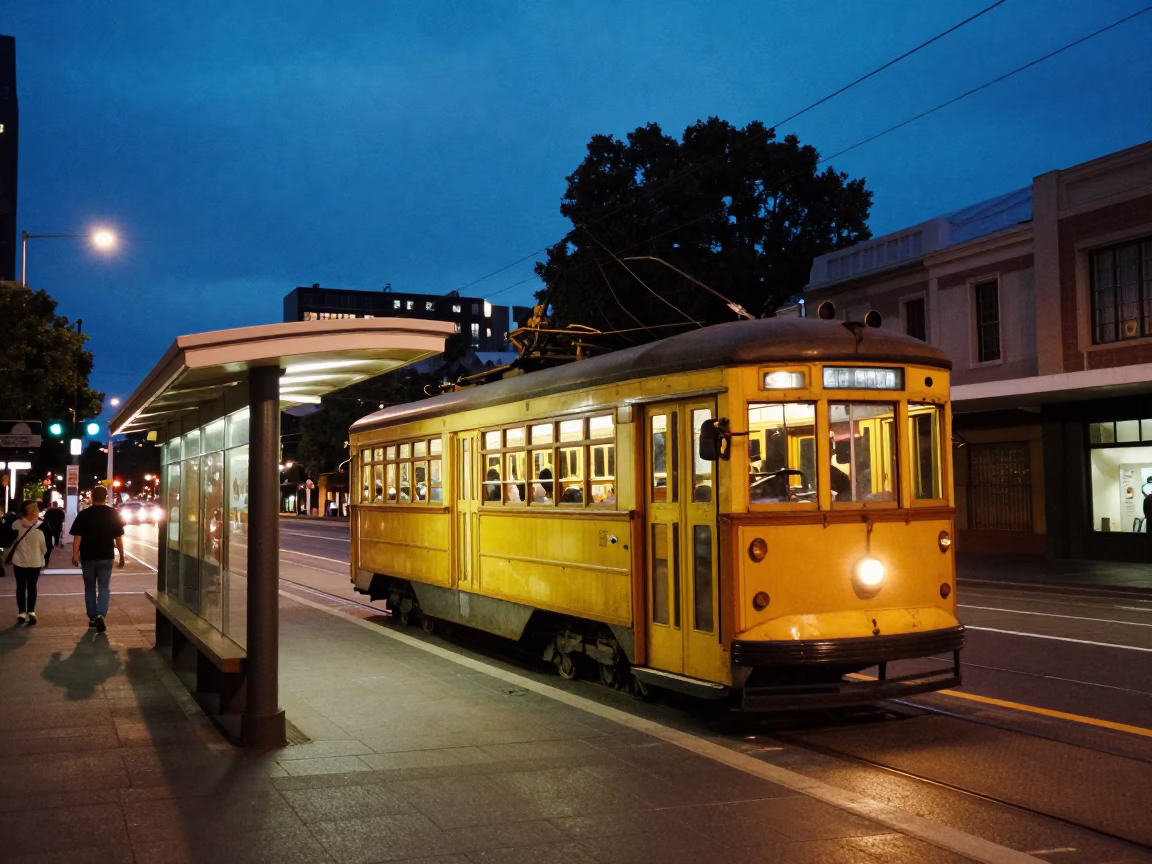 Melbourne Tram Stop Indigo Twilight Street Scene with Vintage Hanger and Steel Details in in Melbourne, Victoria, Australia