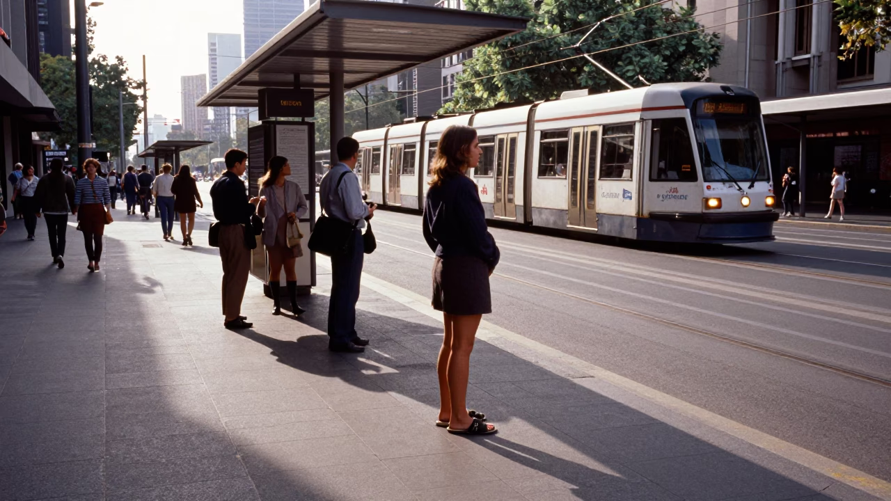 Melbourne Tram Stop Late Morning Commuter Scene with Water Bottle and Slippers in in Melbourne, Victoria, Australia