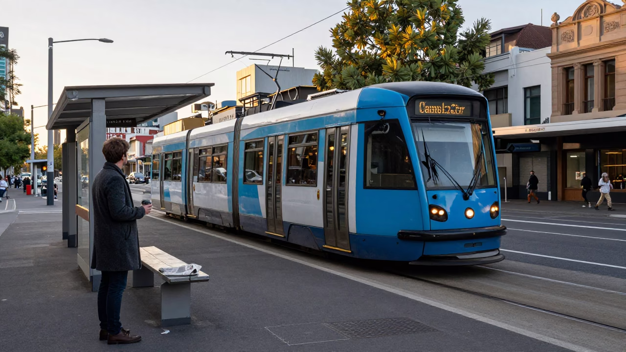 Melbourne Tram Stop Morning Commute with Coffee and Newspaper Just After Sunrise in in Melbourne, Victoria, Australia