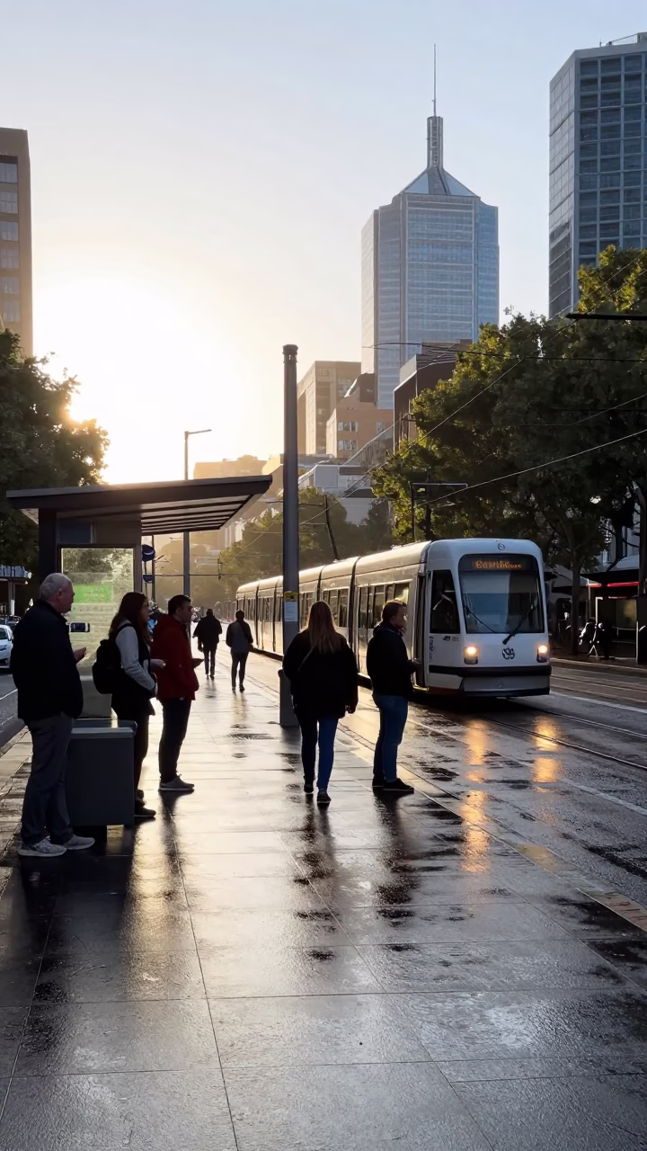 Melbourne Tram Stop Morning Light and Urban Transit Scene in in Melbourne, Victoria, Australia