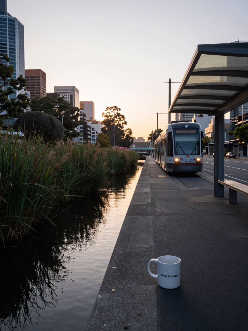 Melbourne Tram Stop Morning Routine with Coffee Mug and Concrete Canal in in Melbourne, Victoria, Australia